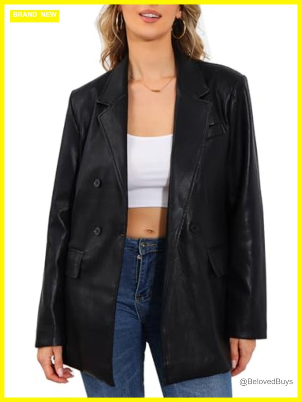 Oversized Faux Leather Double-Breasted Blazer Jacket for Women Office Casual
